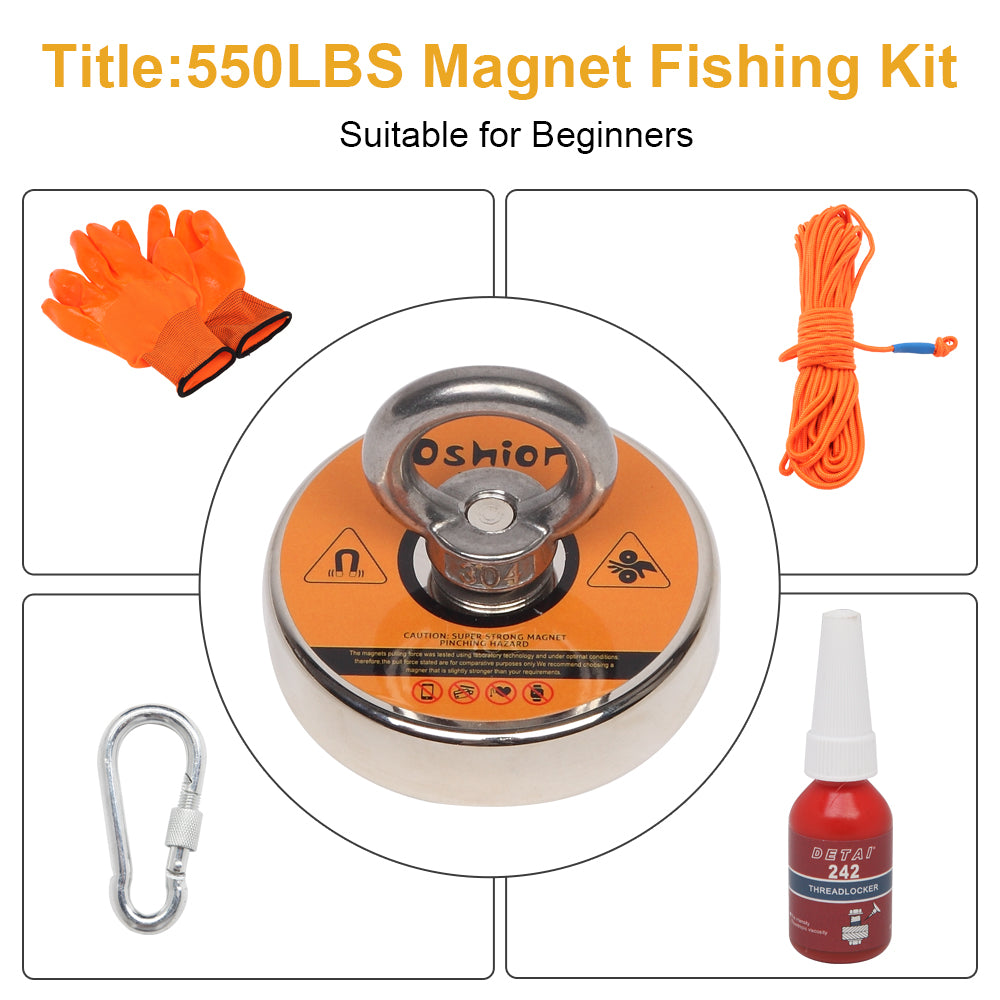 Magnet Fishing Kit with Strong Magnet for Pulling 550 lbs, Rope, Gloves, Threadlocker Glue Fishing Magnets with Rope