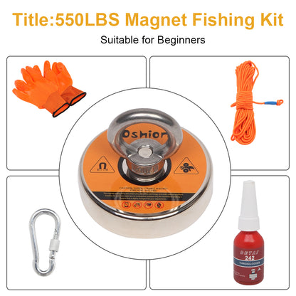 Magnet Fishing Kit with Strong Magnet for Pulling 550 lbs, Rope, Gloves, Threadlocker Glue Fishing Magnets with Rope